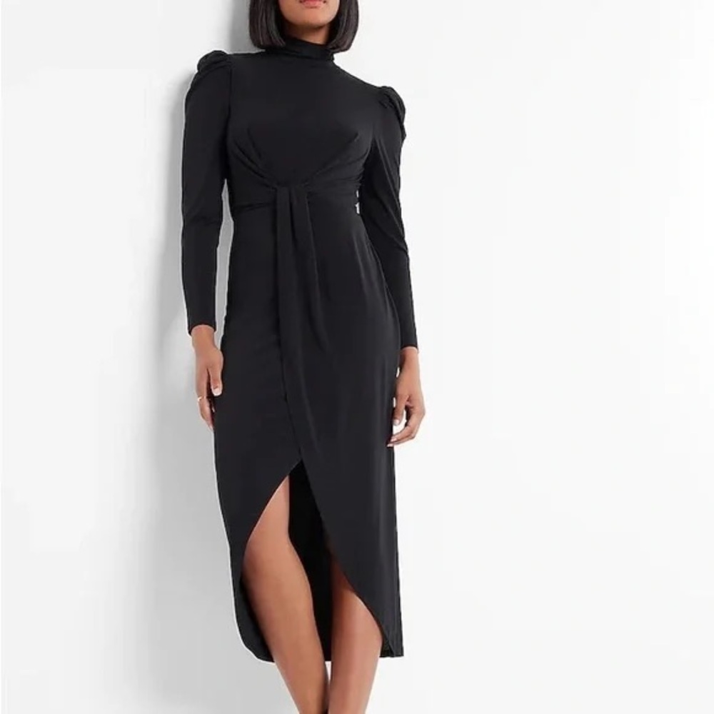 Express Midi Dress - Black Twist Front Long Sleeve Mock Neck- size M